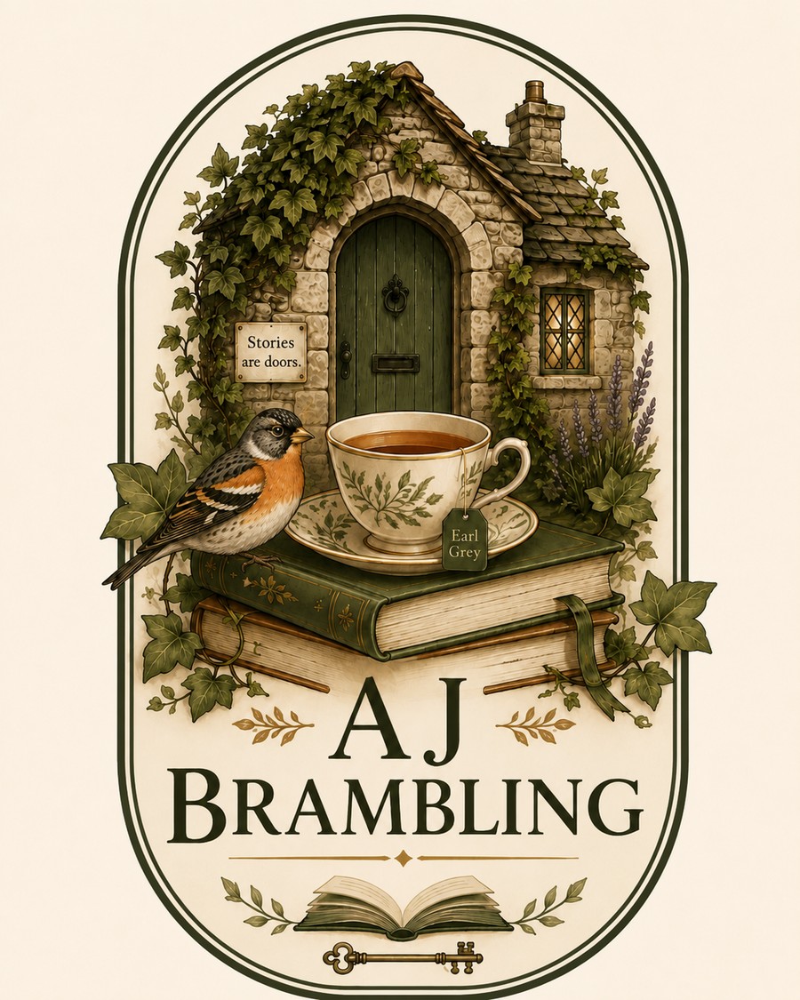 AJ Brambling — an illustrated emblem of an ivy-covered cottage, a brambling bird, tea, and books