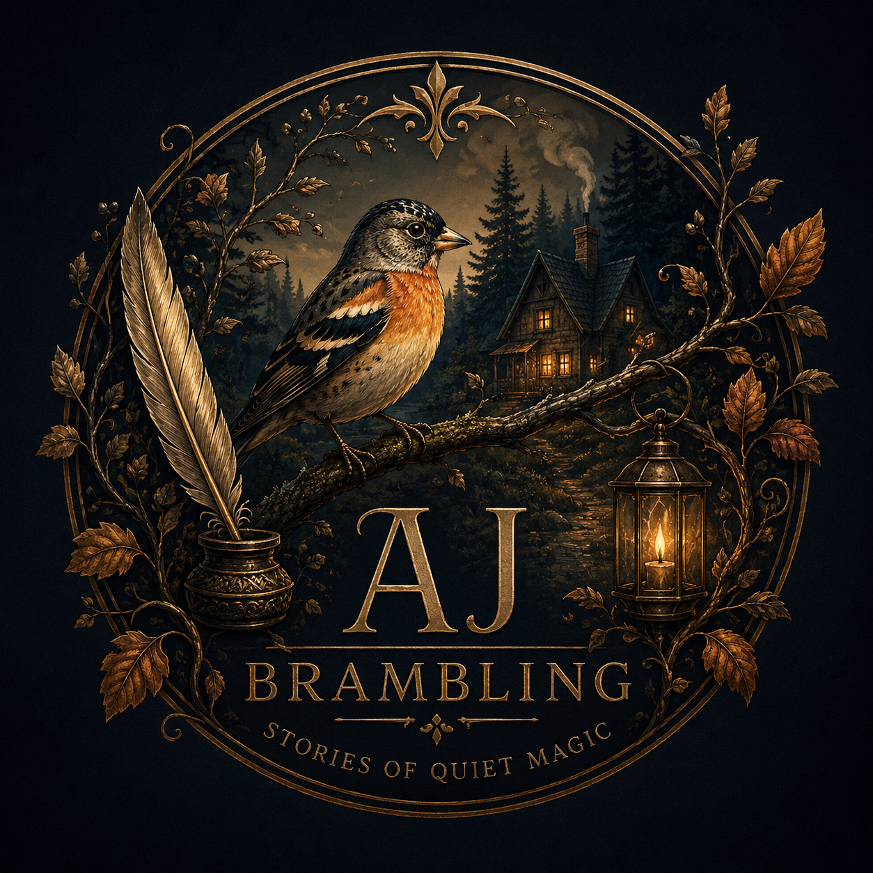 AJ Brambling emblem — a brambling bird, a quill, and a candlelit cottage in the pines